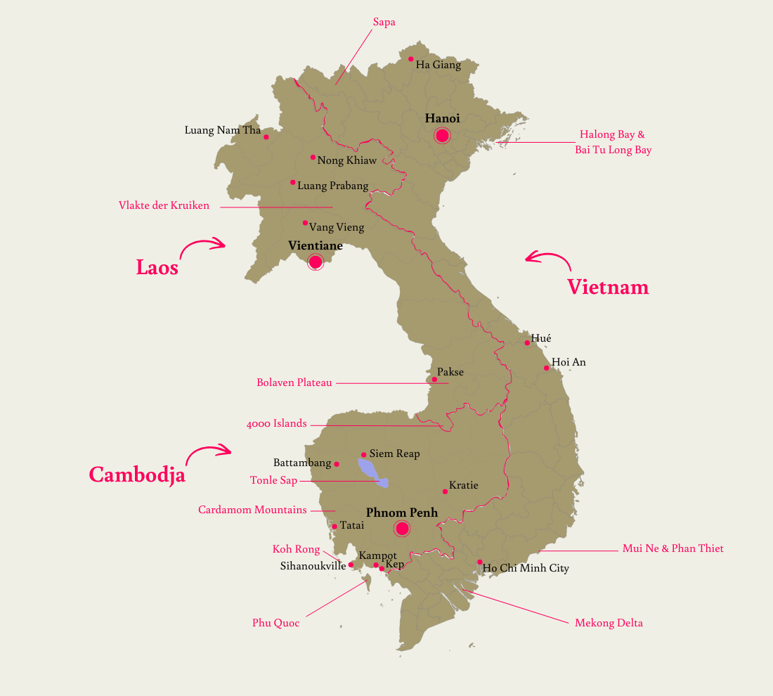 Kaart Laos, Cambodja & Vietnam